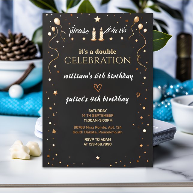 family Sibling Black simple modern Joint Birthday Invitation (Creator Uploaded)
