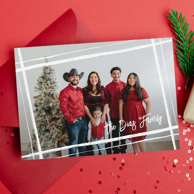 Family Signature Gift Wrapped Borders Photo Frame Holiday Card (Creator Uploaded)