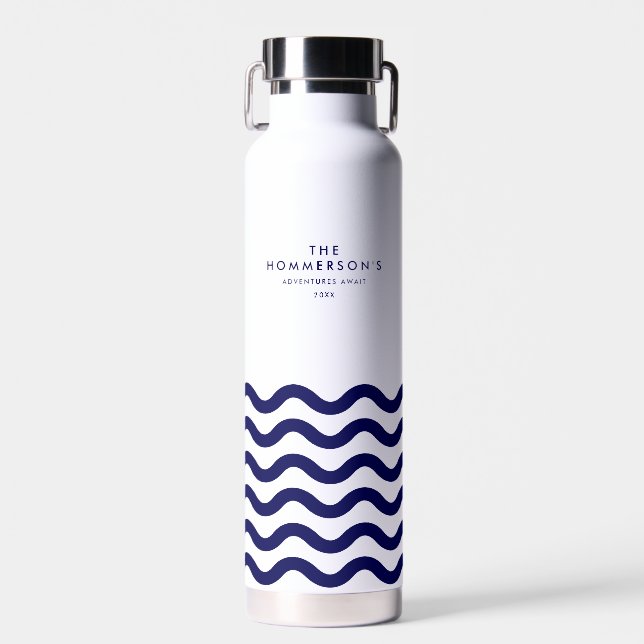 Family Summer Vacation Navy Blue Nautical Waves Water Bottle (Front)