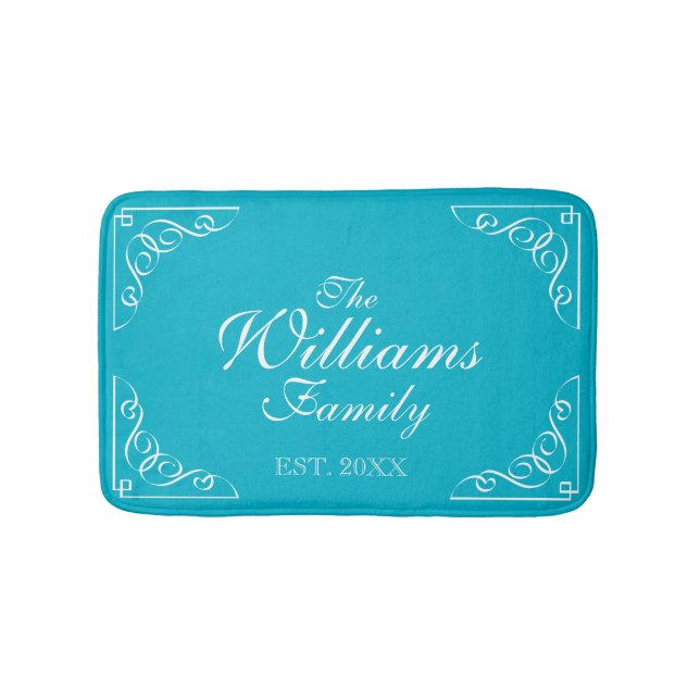 Family Surname Established turquoise blue bath mat (Front)