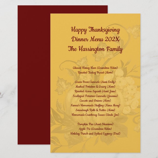 Family Thanksgiving Dinner Menu Keepsake  (Front/Back)