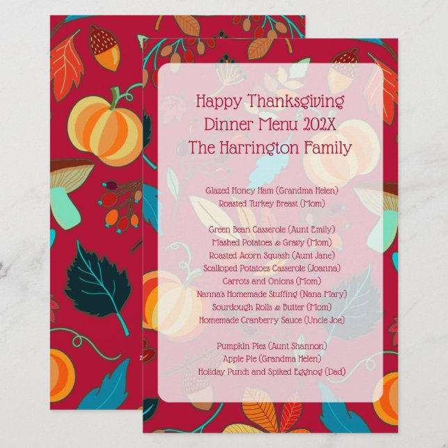 Family Thanksgiving Dinner Menu Keepsake Maroon (Front/Back)