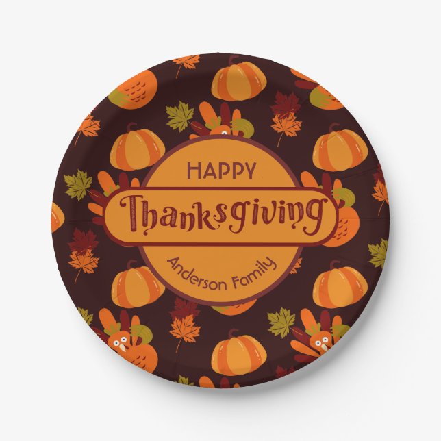 Family Thanksgiving Turkey Pumpkin Autumn Leaves Paper Plate (Front)