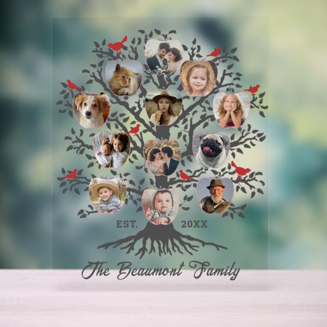 Family Tree 12 Photo Collage Custom Name and Date Acrylic Sign (Neutral)