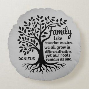 Family Tree Black & Gray Personalized Round Cushion