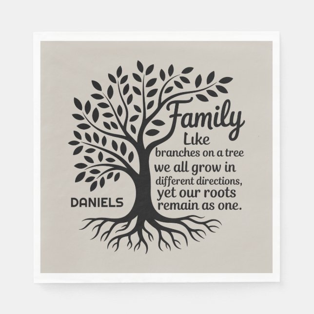 Family Tree Black & Tan Personalized Family Name Napkin (Front)