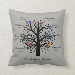 Family Tree, Black Tree on Grey, 8 Names & Dates Cushion