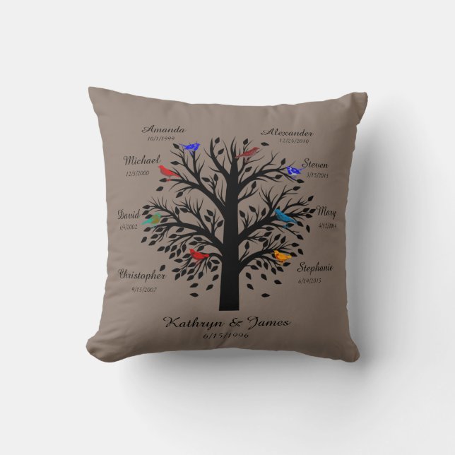 Family Tree, Black Tree on Taupe, 8 Names & Dates Cushion (Front)