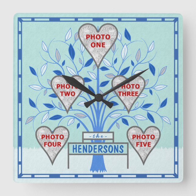 Family Tree Custom 5 Photo Collage Winter Frost Square Wall Clock (Front)