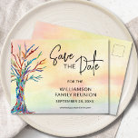 Family Tree Family Reunion Save The Date  Announcement Postcard<br><div class="desc">Ask your family to save the date for your Family Reunion with this stylish and colourful announcement postcard.
It features a family tree in rainbow colours on a watercolor background.
Easily customisable.
Original Mosaic & Watercolor © Michele Davies.</div>