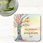 Family Tree Family Reunion Square Paper Coaster<br><div class="desc">These paper coasters are decorated with a mosaic family tree in the colours of the rainbow on a watercolor background. Easily customisable. Use the Design Tool to change the text size, style, or colour. Because we create our artwork you won't find this exact image from other designers. Original Mosaic and...</div>
