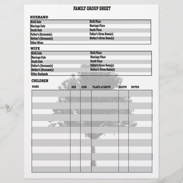 Family Tree Genealogy Group Sheet (Front)