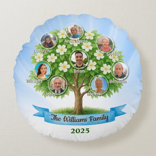 Family Tree Names Photo Memory Home Decor keepsake Round Cushion (Front)