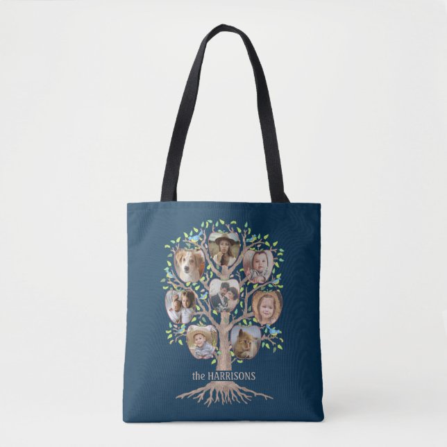 Family Tree Photo Collage 16 Picture Name Dk Blue Tote Bag (Front)