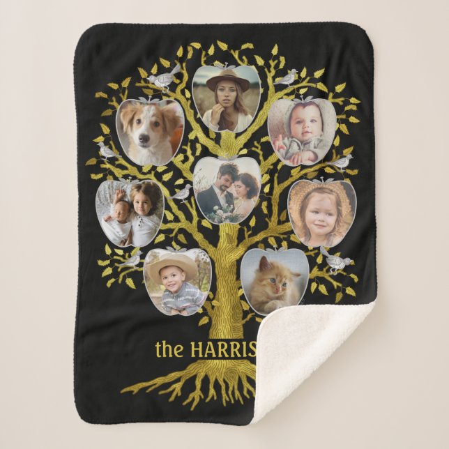 Family Tree Photo Collage 8 Pics Name | Gold Black Sherpa Blanket (Front)