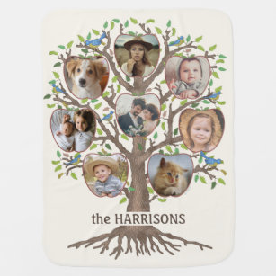 Family Tree Photo Collage 8 Pictures Name Lt Beige Baby Blanket