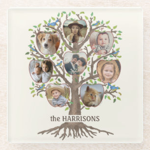 Family Tree Photo Collage 8 Pictures Name Lt Beige Glass Coaster
