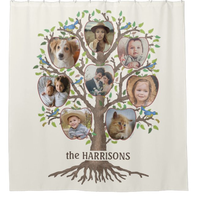 Family Tree Photo Collage 8 Pictures Name Lt Beige Shower Curtain (Front)
