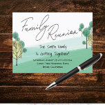 Family Tree Reunion  Postcard<br><div class="desc">It's time to alert the clan that there is going to a family reunion. Invite all your family to a picnic in the park,  back yard barbecue or fun in the sun at the beach. Modern typography with family trees and  hills.</div>