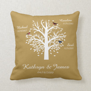 Family Tree, White Tree on Gold w/ Names & Dates Cushion