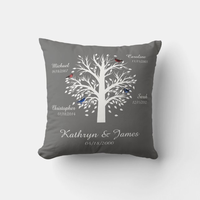 Family Tree, White Tree on Grey  w/ Names & Dates Cushion (Front)