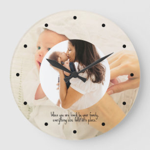 Family Two Photo Collage Simple Round Frame Large Clock