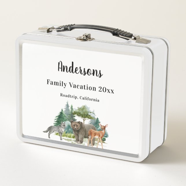 Family vacation bear wolf woodland forest animals metal lunch box (Front)
