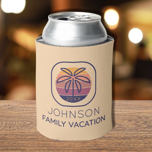 Family Vacation Personalised Palm Tree Can Cooler (A simplistic design on this personalized can cooler makes it the perfect souvenir of your trip. )