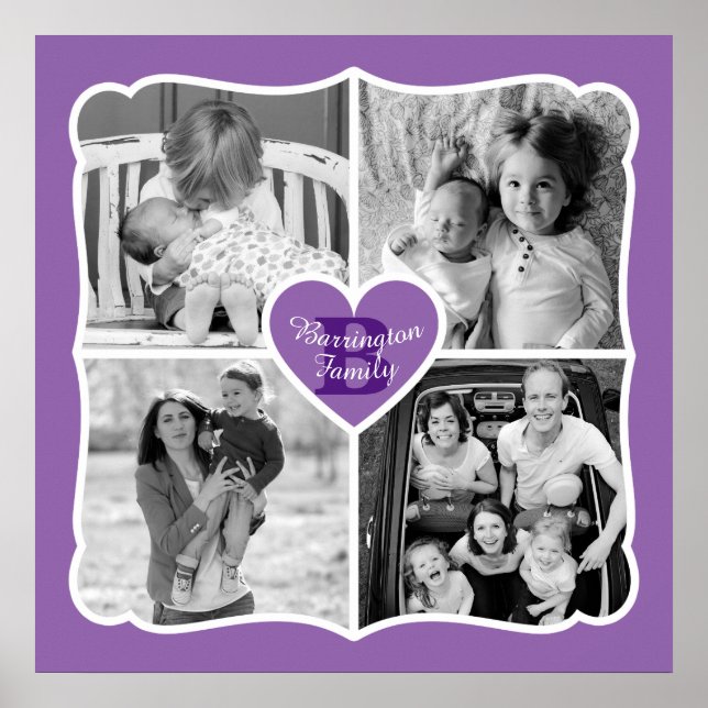 Family Valentine Instagram Heart Photo Grid Purple Poster (Front)