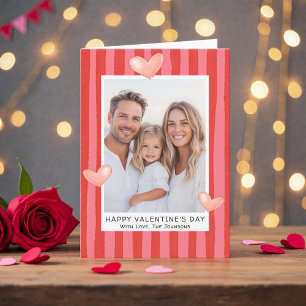 Family Valentine's Day Photo with Hearts Stripes Holiday Card