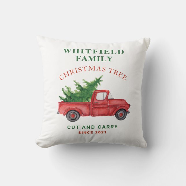 Family Watercolor Red Truck Christmas Holiday Cushion (Front)