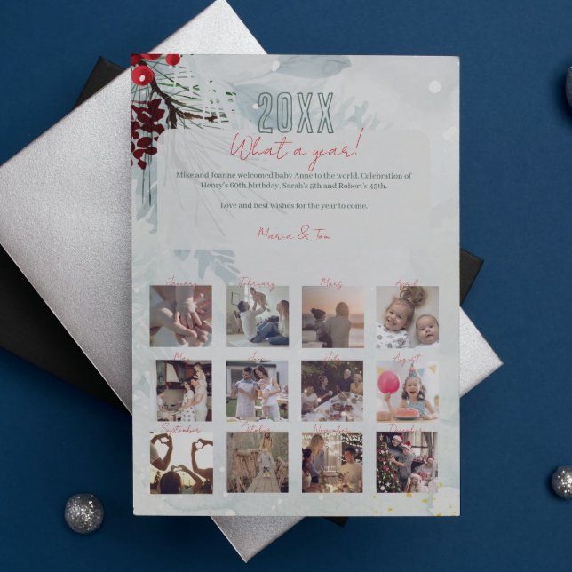 Family What A Year In Review 12 Photo Collage Mint Holiday Postcard (Creator Uploaded)