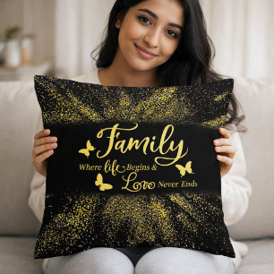 Family Where Life Begins Gold Glitter Black Cushion