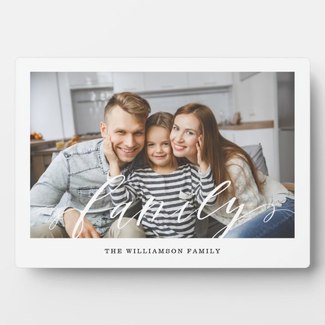 Family White Script Overlay Modern Minimal Photo Plaque (Front)