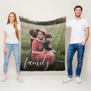 Family White Script Photo Overlay Fleece Blanket