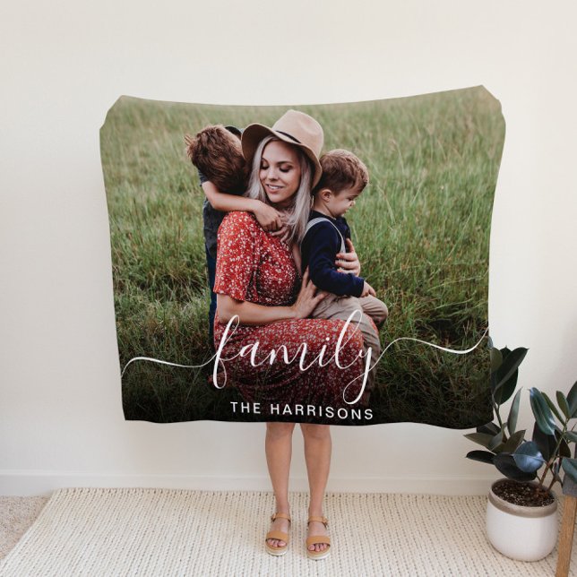 Family White Script Photo Overlay Fleece Blanket (Creator Uploaded)