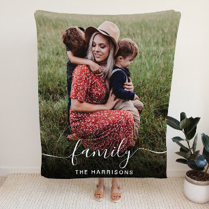 Family White Script Photo Overlay Monogram Fleece Blanket
