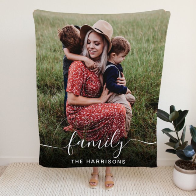 Family White Script Photo Overlay Monogram Fleece Blanket (Creator Uploaded)