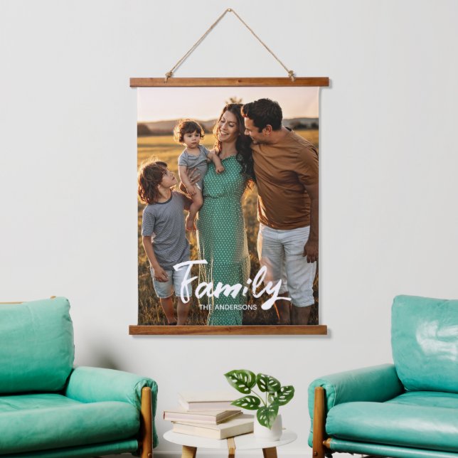 Family White Script Photo Overlay Monogram  Hanging Tapestry (Living Room)