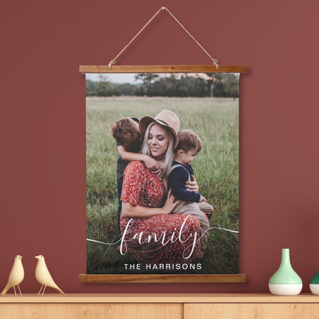 Family White Script Photo Overlay Monogram Hanging Tapestry (Creator Uploaded)