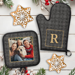 Family Winter Grey Plaid Custom Monogram & Photo Oven Mitt & Pot Holder Set