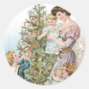 Family with Christmas Tree Classic Round Sticker