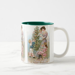 Family with Christmas Tree Two-Tone Coffee Mug