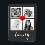 Family with Four Photos and Heart Magnet<br><div class="desc">Add 4 of your favourite photographs to this personalised flexi magnet. Four square cropped images are framed nicely in simple white squares, with a small red heart outlined in white in the centre and flowing white handwriting script style text on the bottom that says family. Perfect for instagram photographers. Sample...</div>