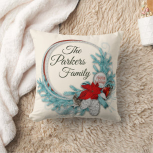 Family Wreath Red Blue Silver Cone Christmas Cushion
