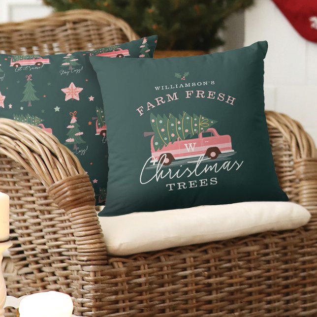 Family's Farm Fresh Christmas Trees Pink Retro Van Cushion (Family's Farm Fresh Christmas Trees Pink Retro Van Throw Pillow)