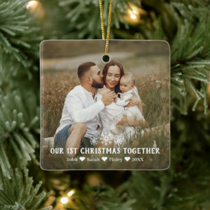Family's First Christmas Together Snowflakes Photo Ceramic Ornament