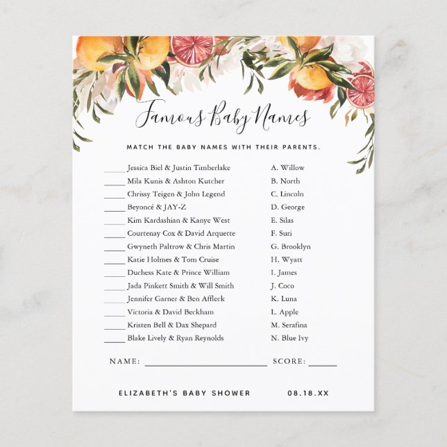 Famous Baby Names | Baby Shower Game (Front)