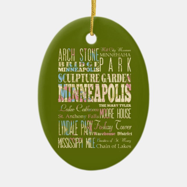 Famous Places of Minneapolis, Minnesota. Ceramic Tree Decoration (Front)