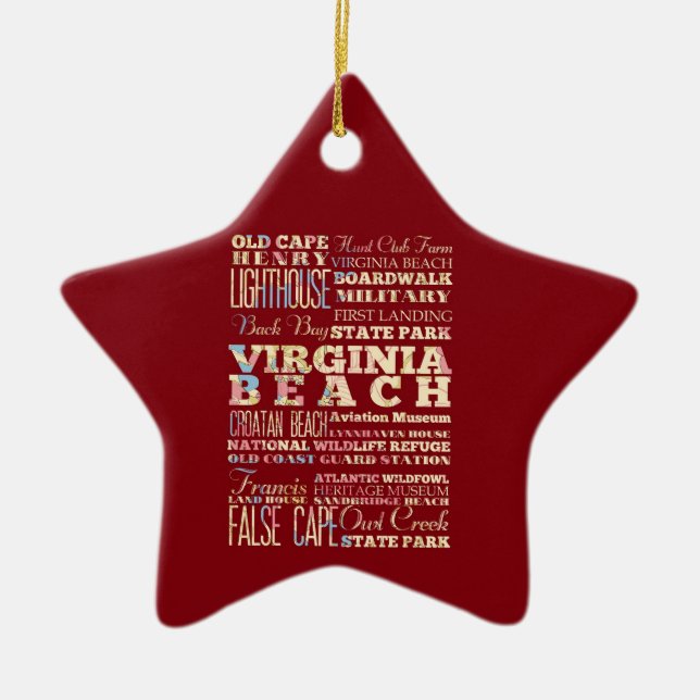 Famous Places of Virginia Beach, Virginia. Ceramic Tree Decoration (Front)